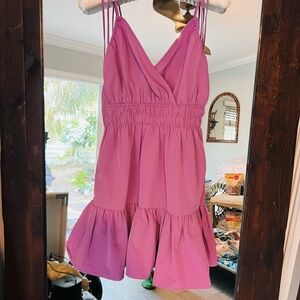 Purple Mini Ruffle Smocked waist Dress with shoulder tie embellishment